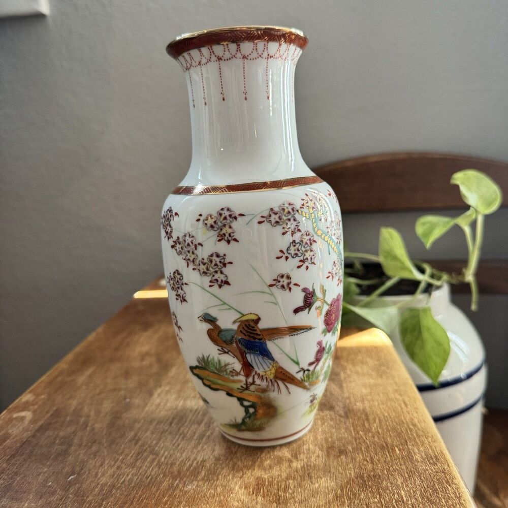 Hand Painted Porcelain Vase White Floral Bird Asian Bottle 8.5in tall